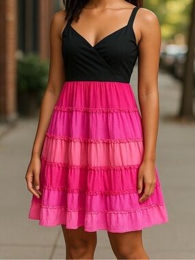 Black & Hot Pink Tiered Ruffle Sundress